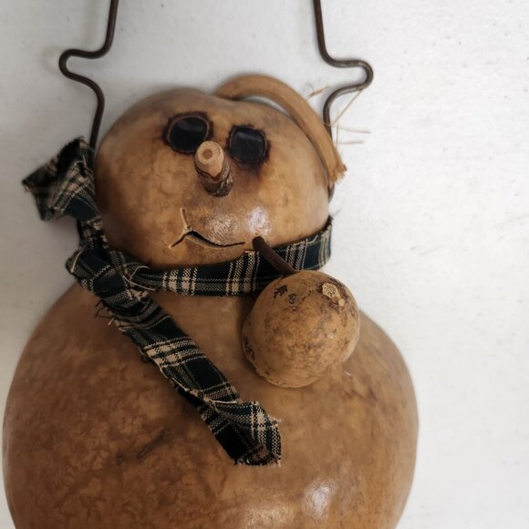 Handcrafted Gourd Snowman With Plaid Scarf & Wire Handle Rustic Winter Decor - Picture 2 of 6